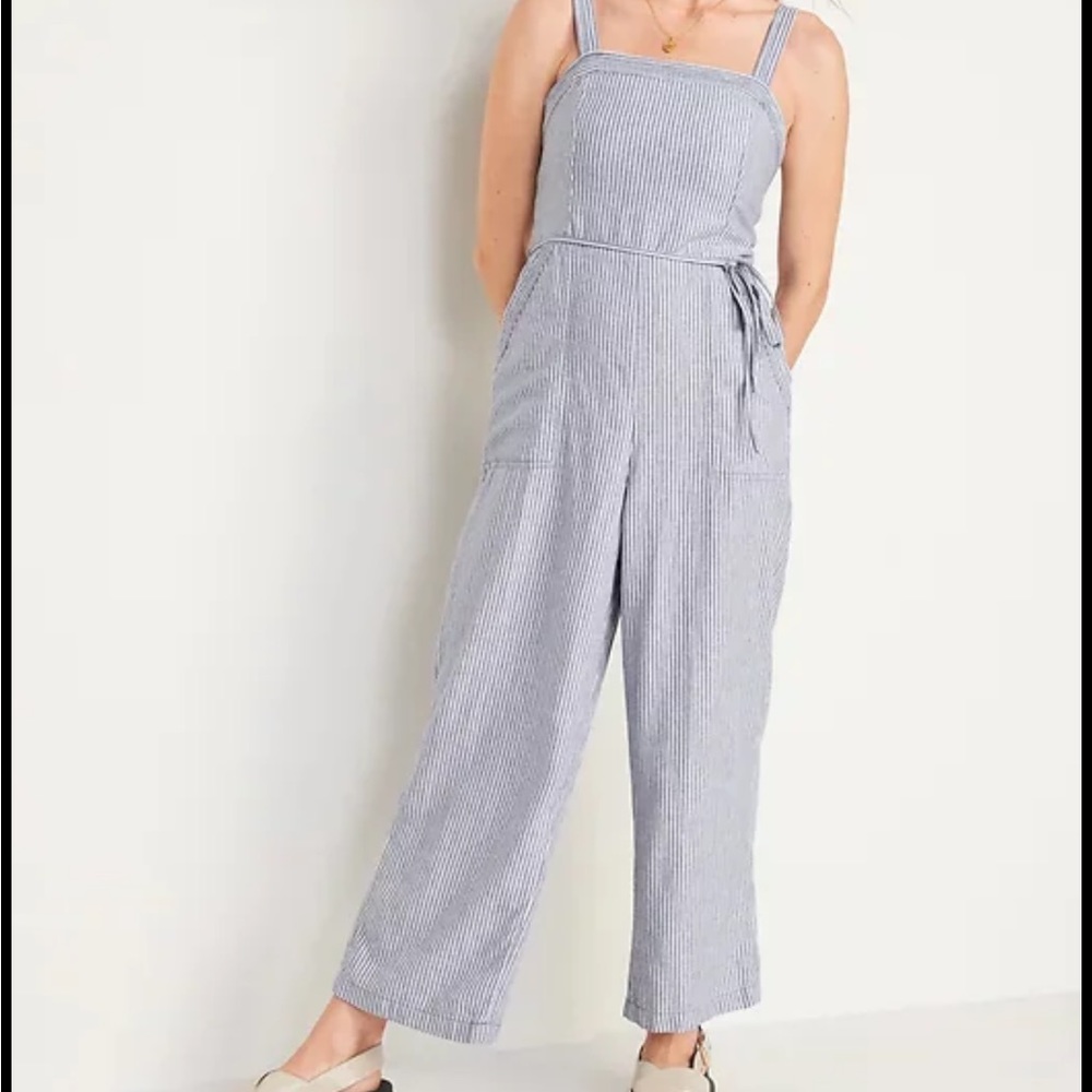 Linen-Blend Tie-Belt Wide-Leg Jumpsuit